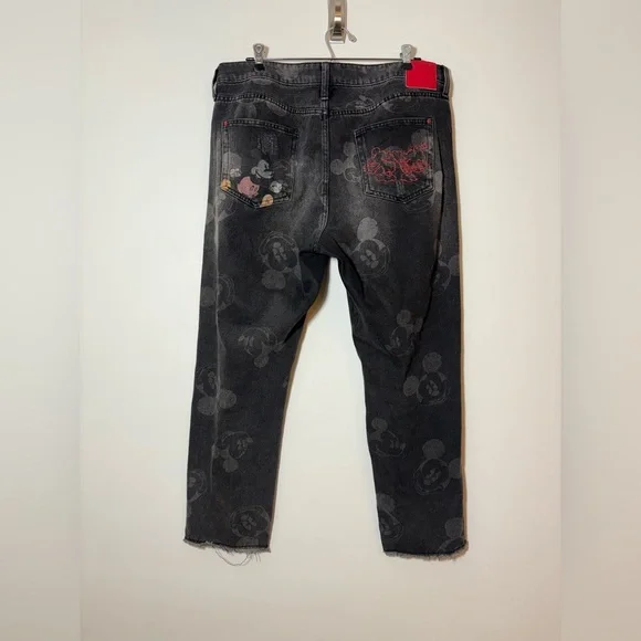 Desigual Women's Black Mickey Mouse Print Jeans Straight Leg Raw Hem SZ 34